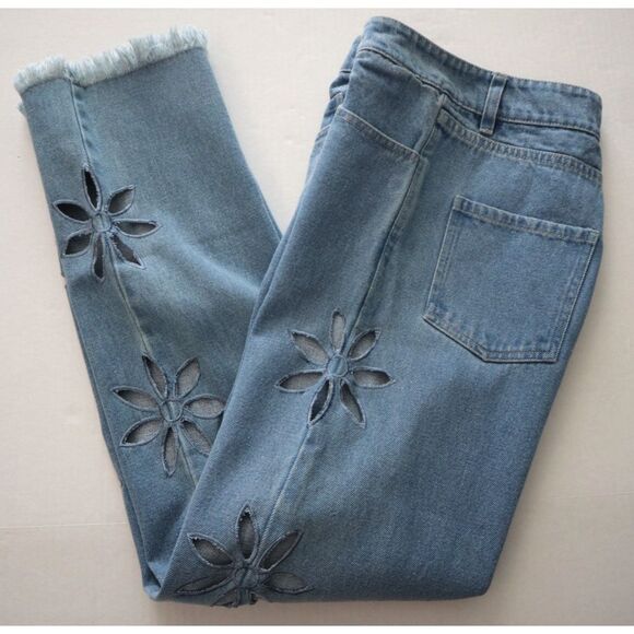 Tach x Free People Sz XS Blue Jazmin Cut-Out Flower Embroidered Denim Jeans - Picture 8 of 12